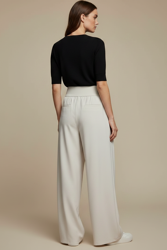 Pantalon Fluide Écru Ample Taille Haute Décontracté - Beige Polyester - vue 2