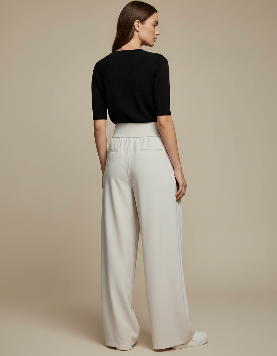 Pantalon Fluide Écru Ample Taille Haute Décontracté - Beige Polyester - vue 2