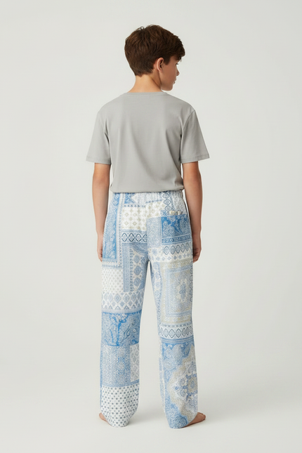 Pantalon Fluide Patchwork Bleu Imprimé Décontracté Ample - Viscose - vue 2