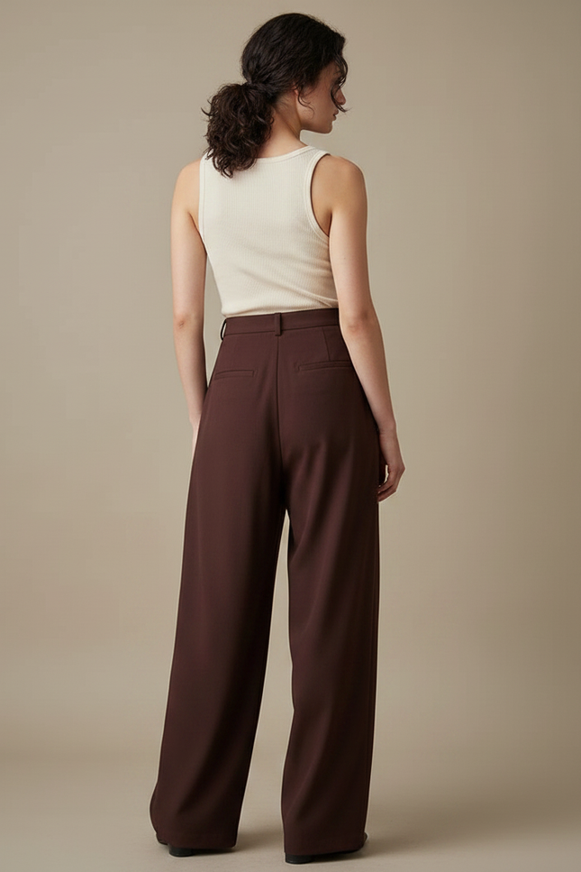 Pantalon Fluide Marron Plissé Ample Élégant Femme - Polyester - vue 2