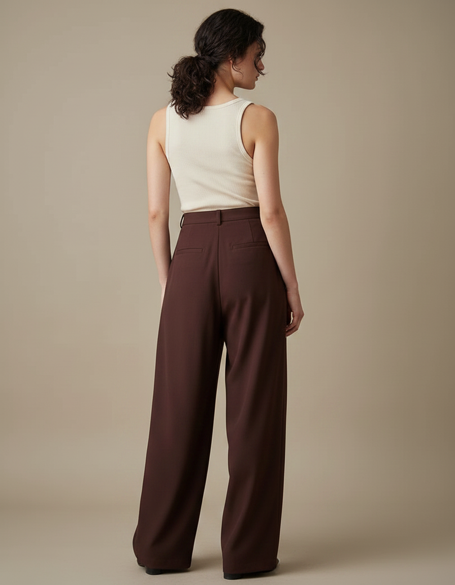 Pantalon Fluide Marron Plissé Ample Élégant Femme - Polyester - vue 2