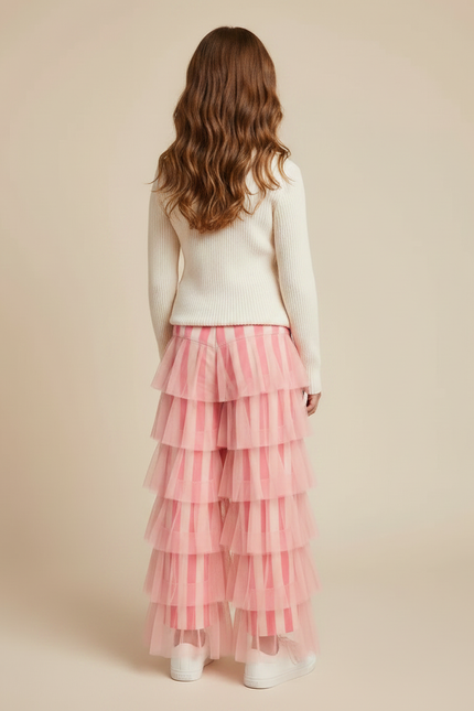 Pantalon Fluide Rose Rayé Volants Tulle Ample - Maille - vue 2