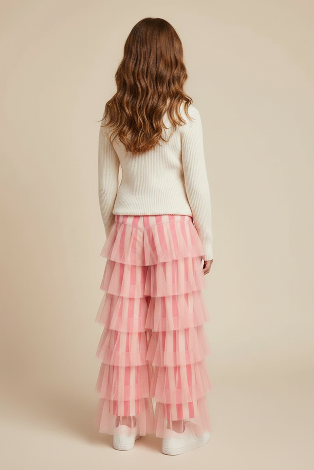 Pantalon Fluide Rose Rayé Volants Tulle Ample - Maille - vue 2