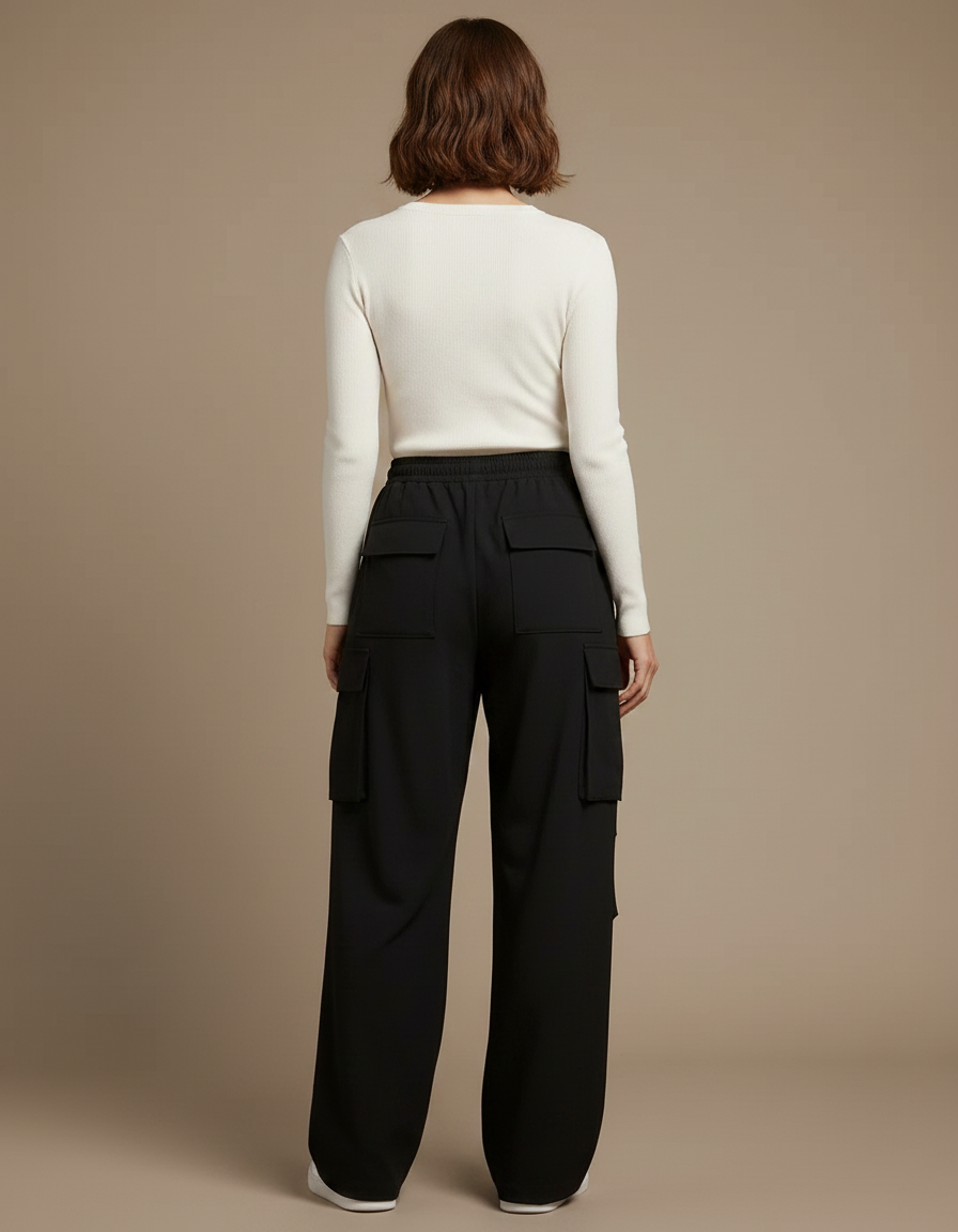 Pantalon Fluide Femme Noir Coupe Ample Polyester - vue 2