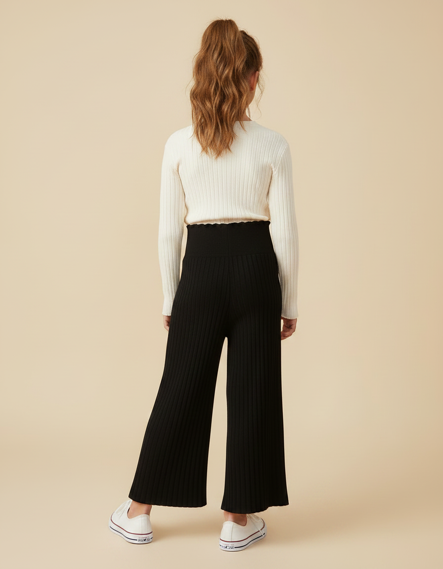 Pantalon Fluide Noir Côtelé Ample Tricoté Hiver Fille - Maille - vue 2
