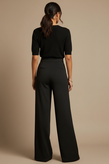 Pantalon Fluide Noir Taille Haute Boutons Dorés Élégant Large - Polyester - vue 2