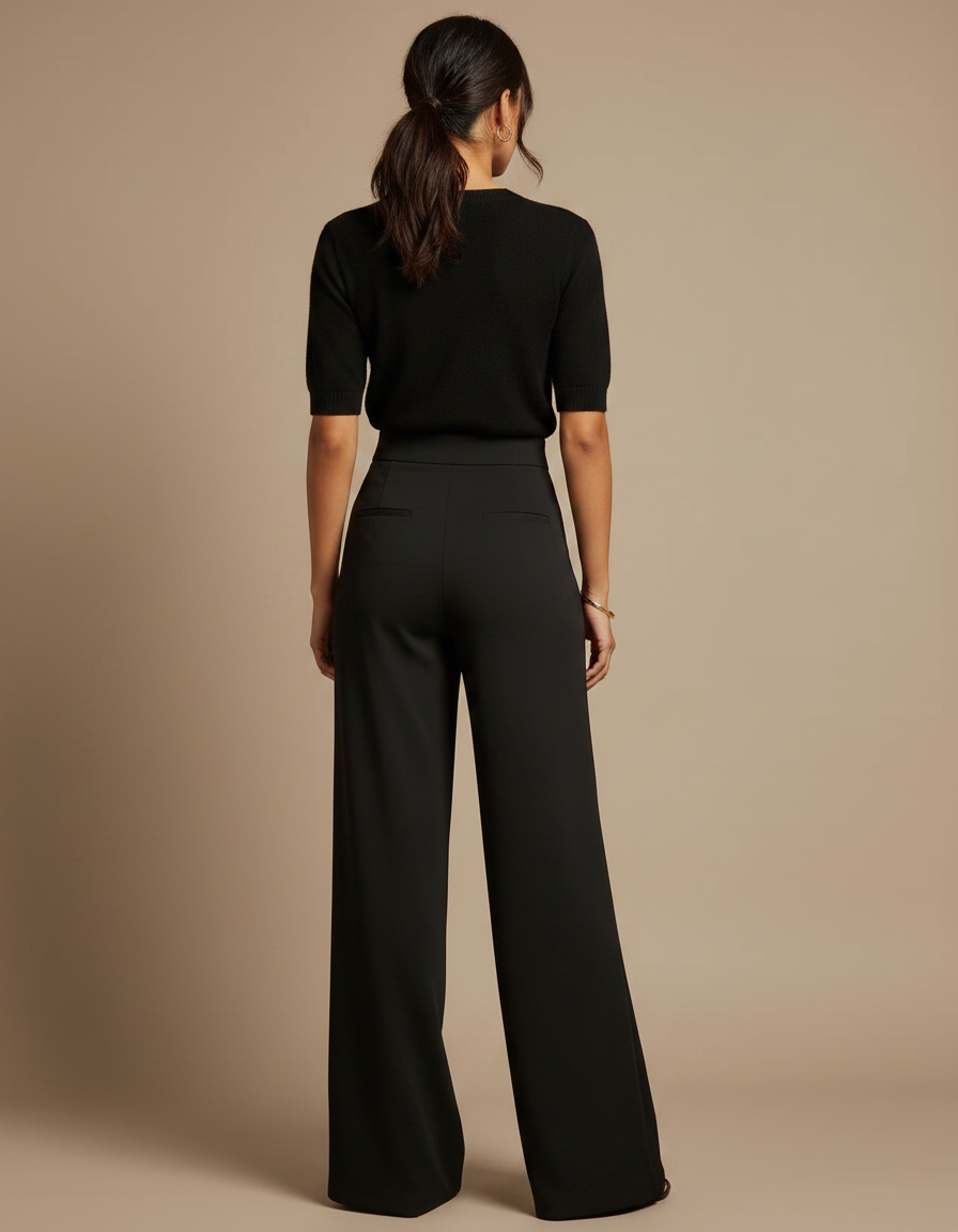Pantalon Fluide Noir Taille Haute Boutons Dorés Élégant Large - Polyester - vue 2