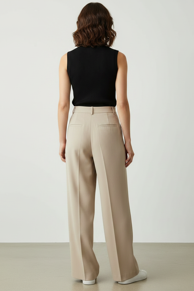Pantalon Fluide Beige Plissé Ample Élégant Femme - Polyester - vue 2