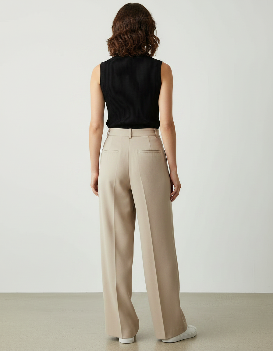 Pantalon Fluide Beige Plissé Ample Élégant Femme - Polyester - vue 2