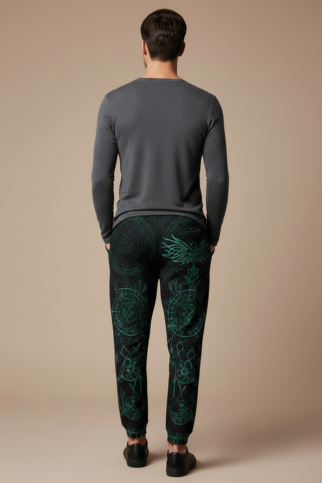 Pantalon Fluide Noir Ample Imprimé Tribal Vert Cordon - Molleton - vue 2
