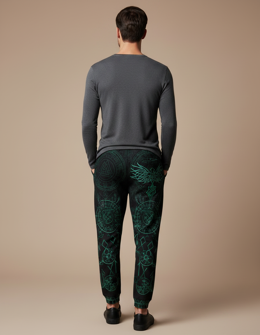 Pantalon Fluide Noir Ample Imprimé Tribal Vert Cordon - Molleton - vue 2