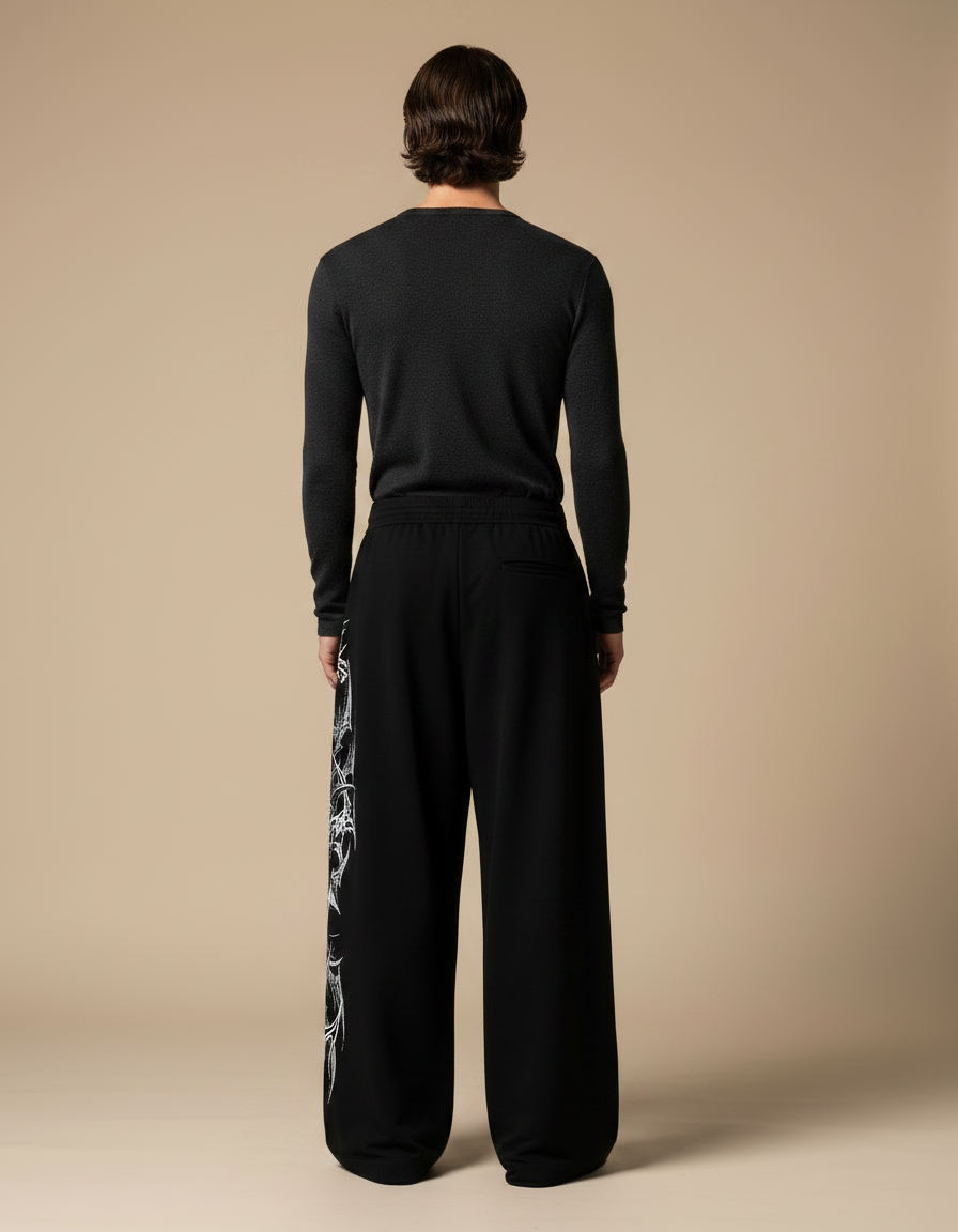 Pantalon Fluide Noir Ample Imprimé Gothique Décontracté Homme - Molleton - vue 2