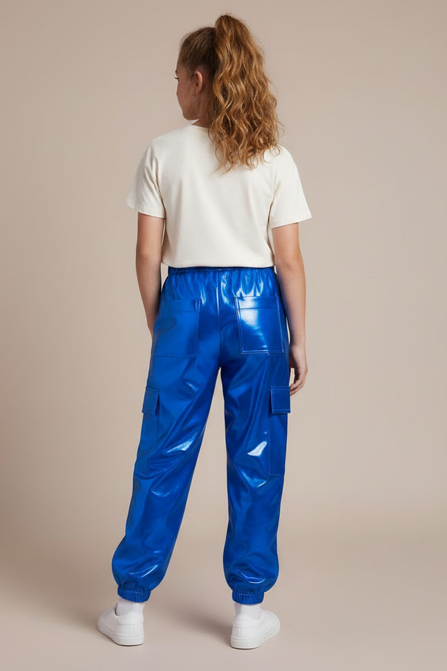 Pantalon Fluide Métallisé Bleu Cargo Brillant Fille - Polyester - vue 2