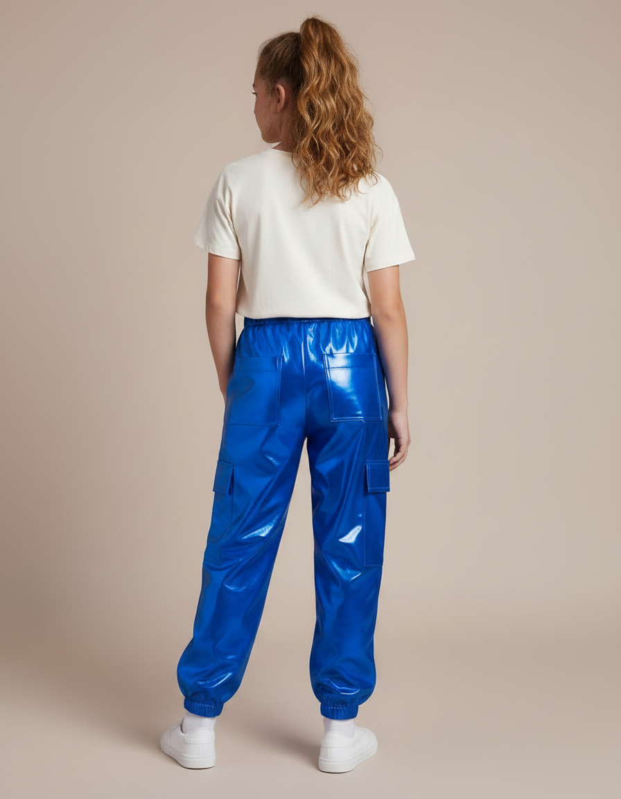 Pantalon Fluide Métallisé Bleu Cargo Brillant Fille - Polyester - vue 2