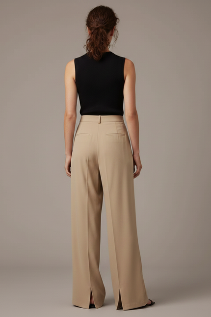 Pantalon Fluide Beige Large Taille Haute Plissé - Polyester - vue 2