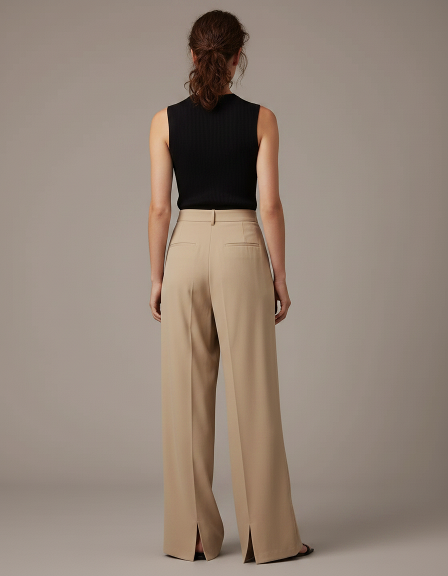 Pantalon Fluide Beige Large Taille Haute Plissé - Polyester - vue 2