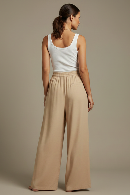 Pantalon Fluide Beige Large Taille Haute Cordon - Viscose - vue 2