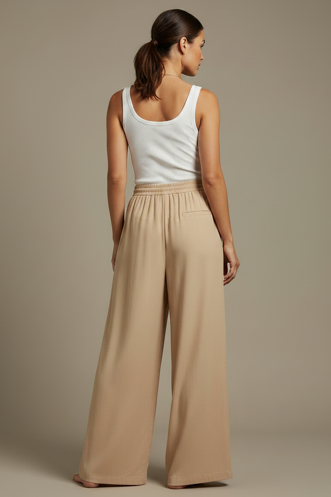 Pantalon Fluide Beige Large Taille Haute Cordon - Viscose - vue 2