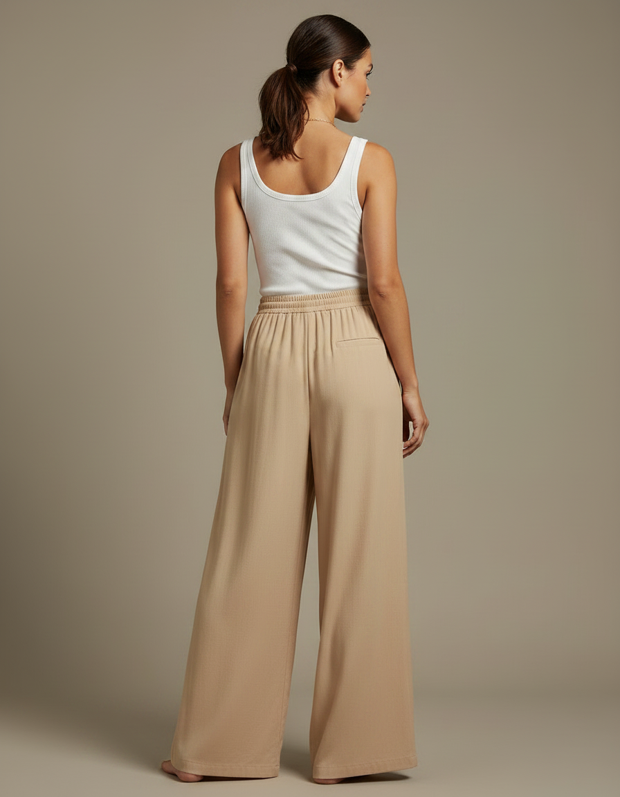 Pantalon Fluide Beige Large Taille Haute Cordon - Viscose - vue 2