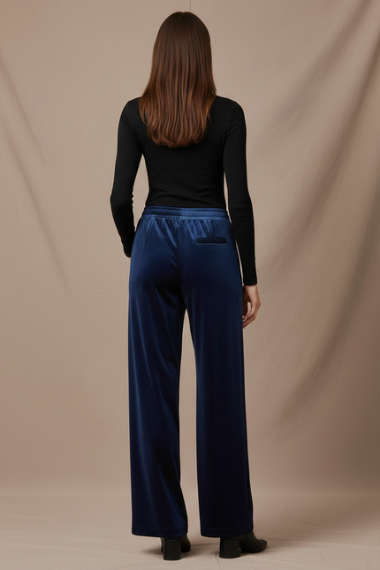 Pantalon Fluide Bleu Velours Ample Élégant Femme - Marine - vue 2