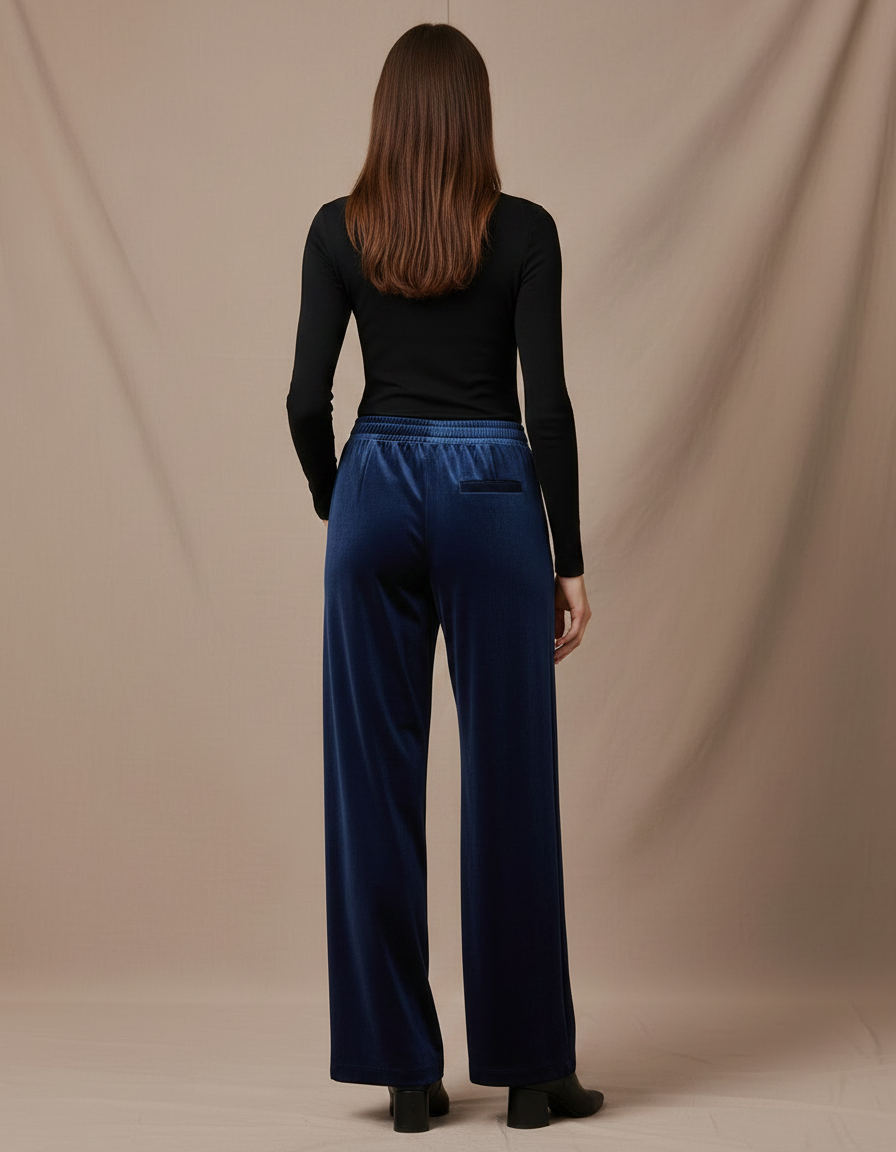 Pantalon Fluide Bleu Velours Ample Élégant Femme - Marine - vue 2