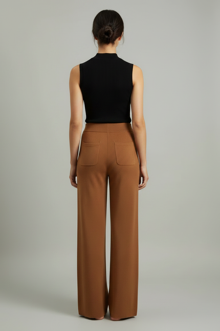 Pantalon Fluide Marron Ample Tricoté Confortable Élégant - Maille - vue 2
