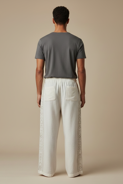 Pantalon Fluide Écru Lin Ample Ethnique Cordon Homme - Beige - vue 2