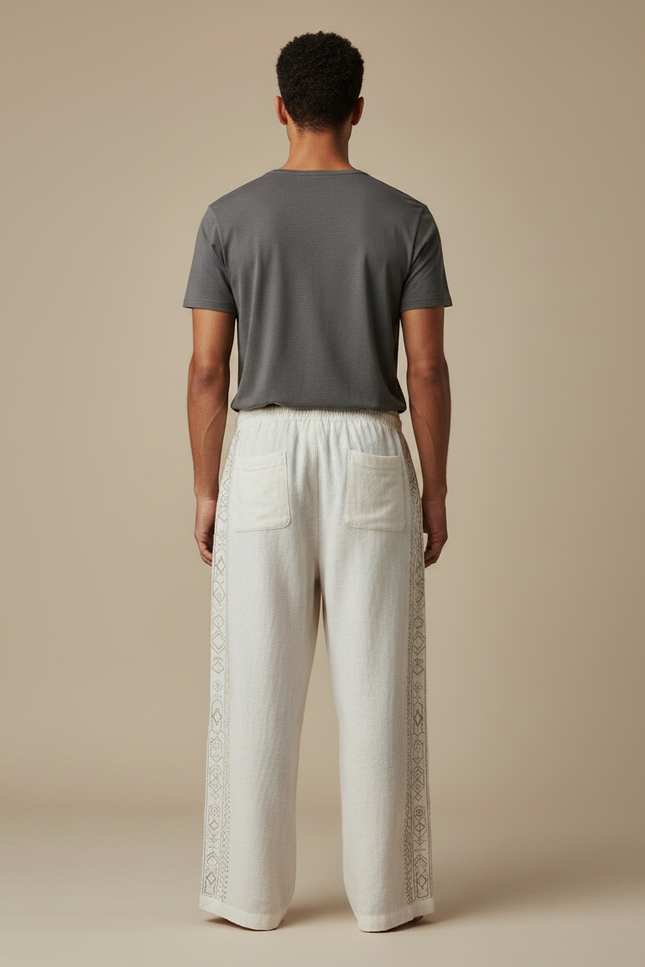Pantalon Fluide Écru Lin Ample Ethnique Cordon Homme - Beige - vue 2