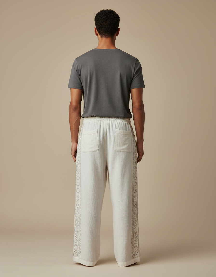 Pantalon Fluide Écru Lin Ample Ethnique Cordon Homme - Beige - vue 2