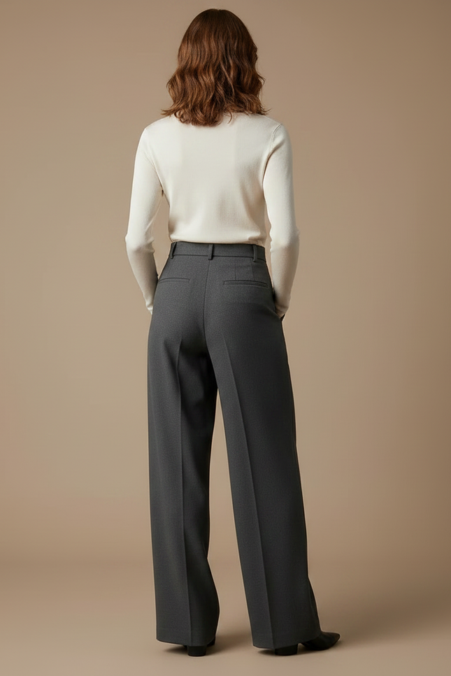 Pantalon Fluide Gris Ample Plissé Élégant Femme - Gabardine - vue 2