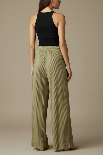 Pantalon Fluide Plissé Vert Ample Décontracté Cordon - Kaki Polyester - vue 2