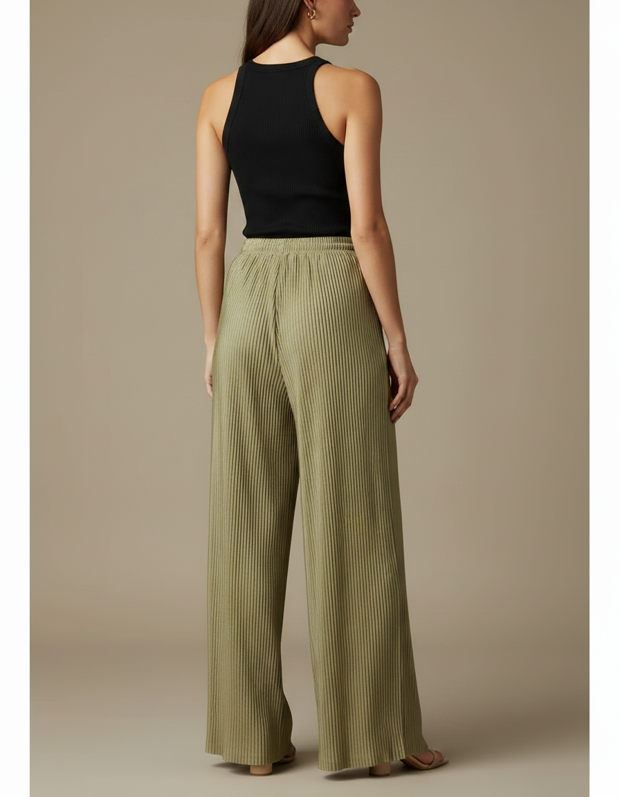 Pantalon Fluide Plissé Vert Ample Décontracté Cordon - Kaki Polyester - vue 2