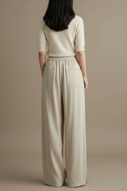 Pantalon Fluide Beige Ample Taille Haute Confortable - Lin - vue 2