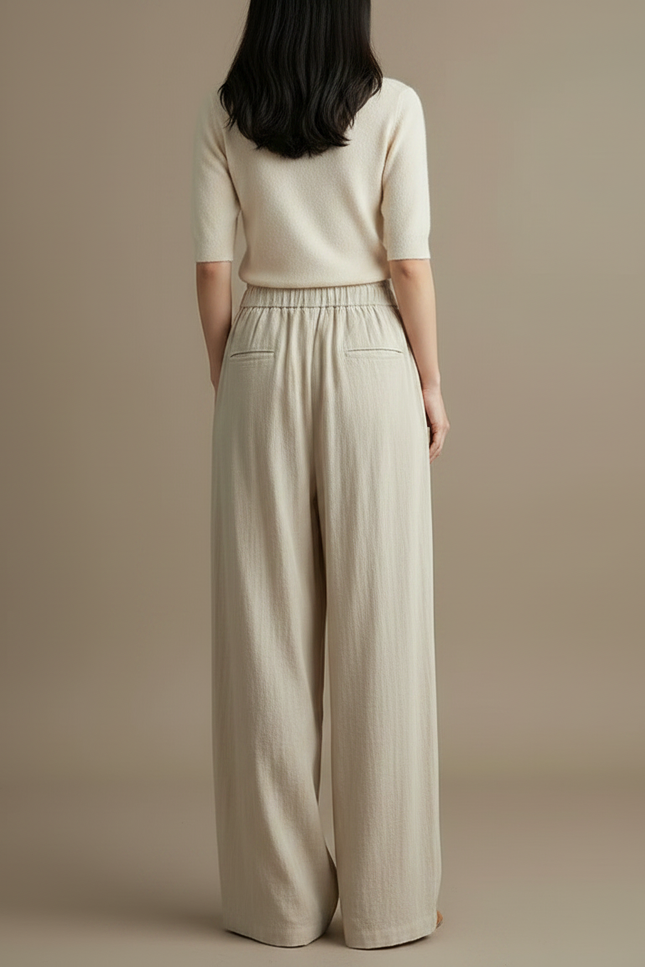 Pantalon Fluide Beige Ample Taille Haute Confortable - Lin - vue 2