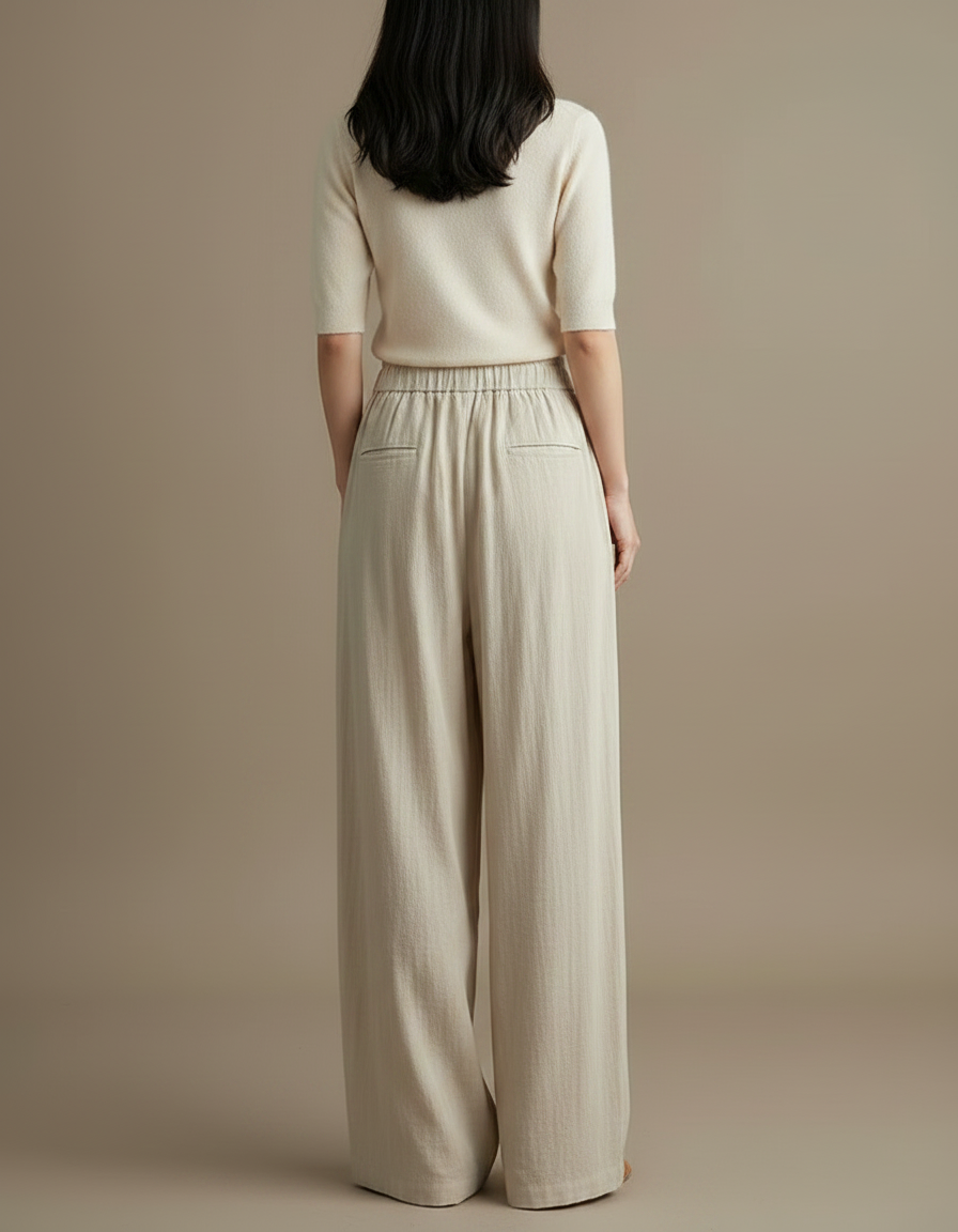 Pantalon Fluide Beige Ample Taille Haute Confortable - Lin - vue 2
