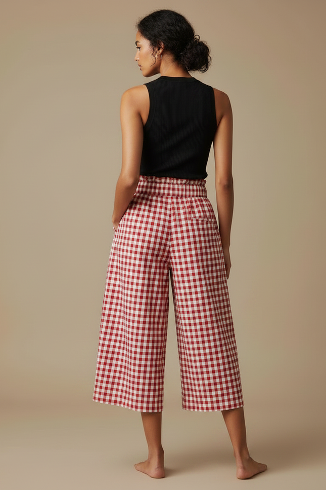 Pantalon Fluide Carreaux Vichy Rouge Ample Taille Froncée - Coton - vue 2