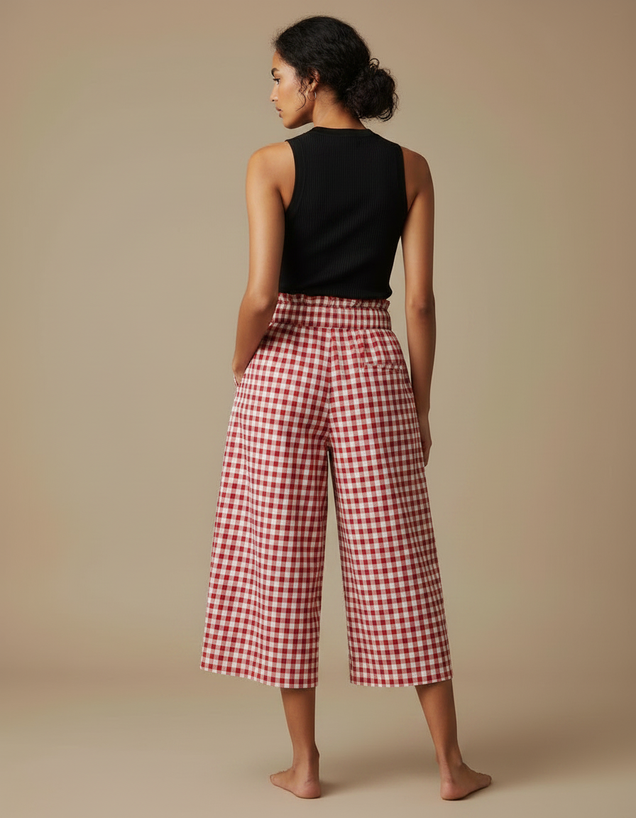 Pantalon Fluide Carreaux Vichy Rouge Ample Taille Froncée - Coton - vue 2