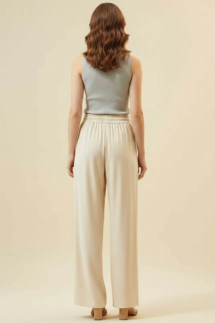 Pantalon Fluide Beige Cordon Ample Droit Élégant - Viscose - vue 2