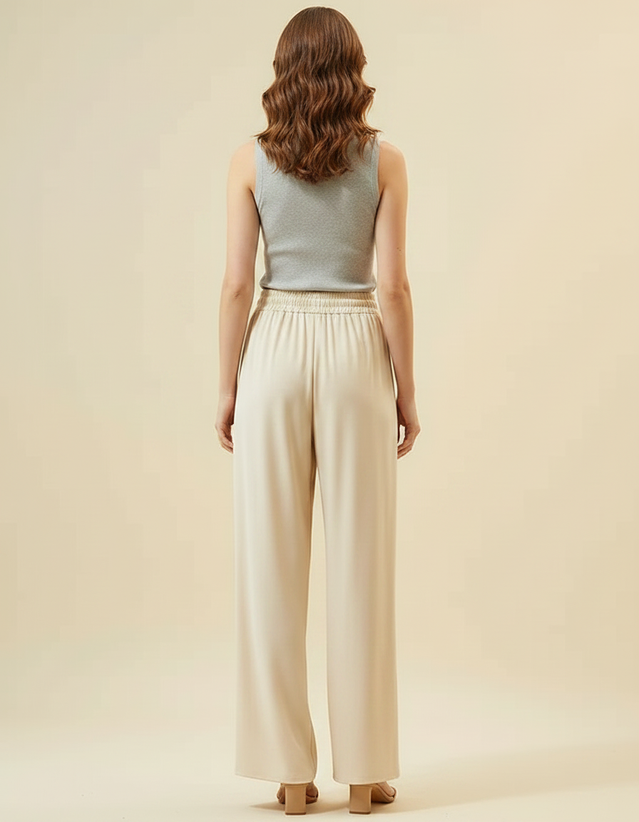 Pantalon Fluide Beige Cordon Ample Droit Élégant - Viscose - vue 2