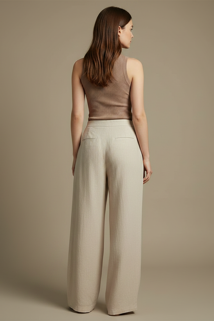 Pantalon Fluide Beige Large Taille Haute Décontracté Lin - vue 2