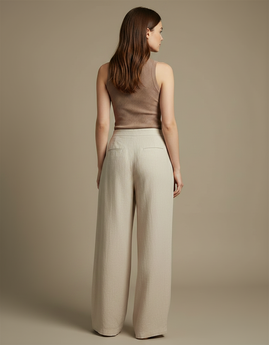 Pantalon Fluide Beige Large Taille Haute Décontracté Lin - vue 2