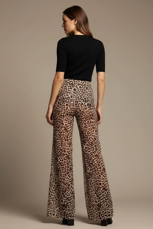Pantalon Fluide Léopard Imprimé Évasé Taille Haute - Polyester - vue 2