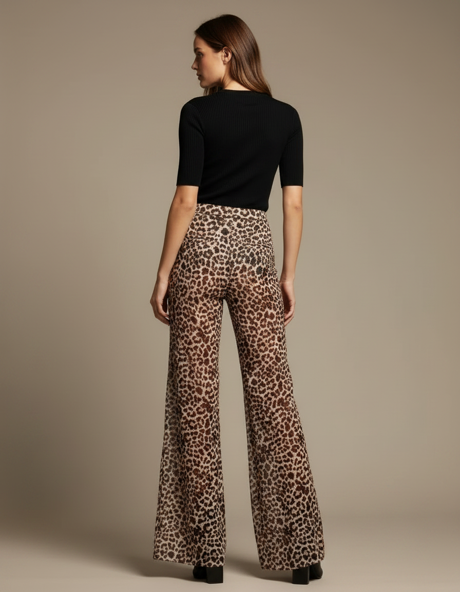 Pantalon Fluide Léopard Imprimé Évasé Taille Haute - Polyester - vue 2