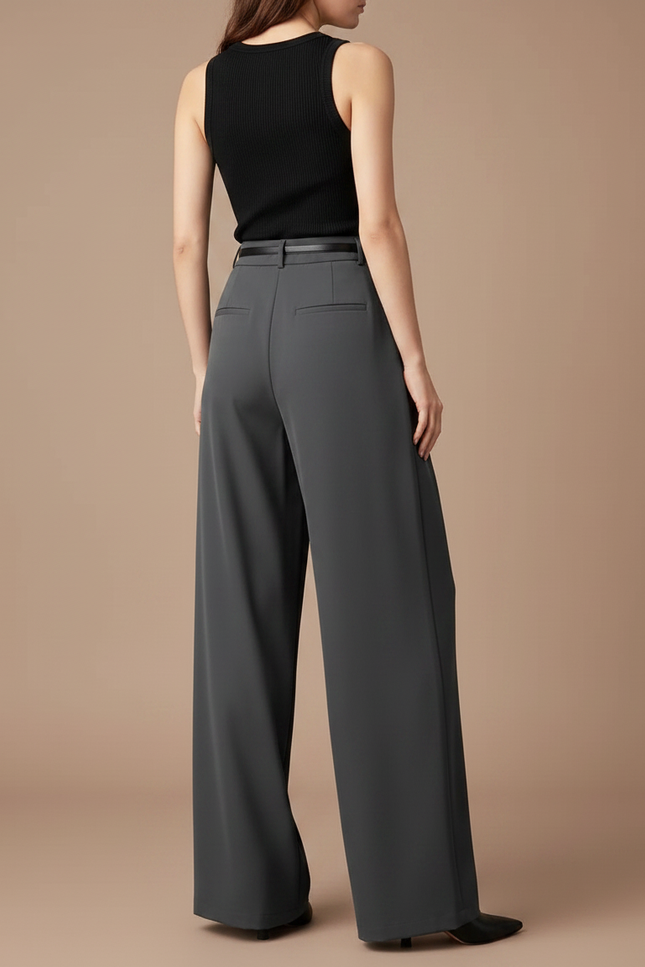 Pantalon Fluide Ample Taille Haute Plissé Élegant - Gris Polyester - vue 2