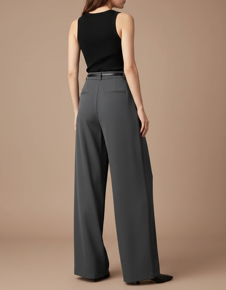 Pantalon Fluide Ample Taille Haute Plissé Élegant - Gris Polyester - vue 2