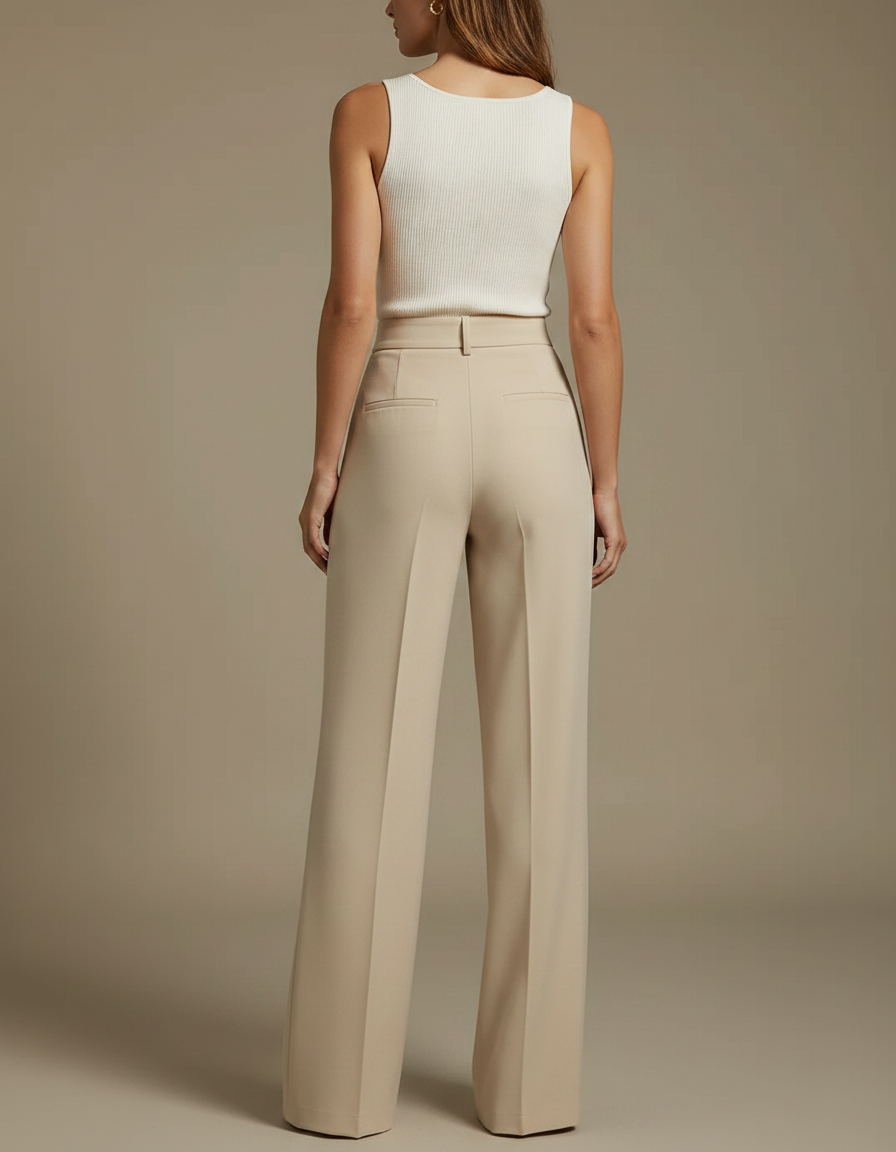 Pantalon Fluide Beige Large Taille Haute Plissé Elégant - Polyester - vue 2