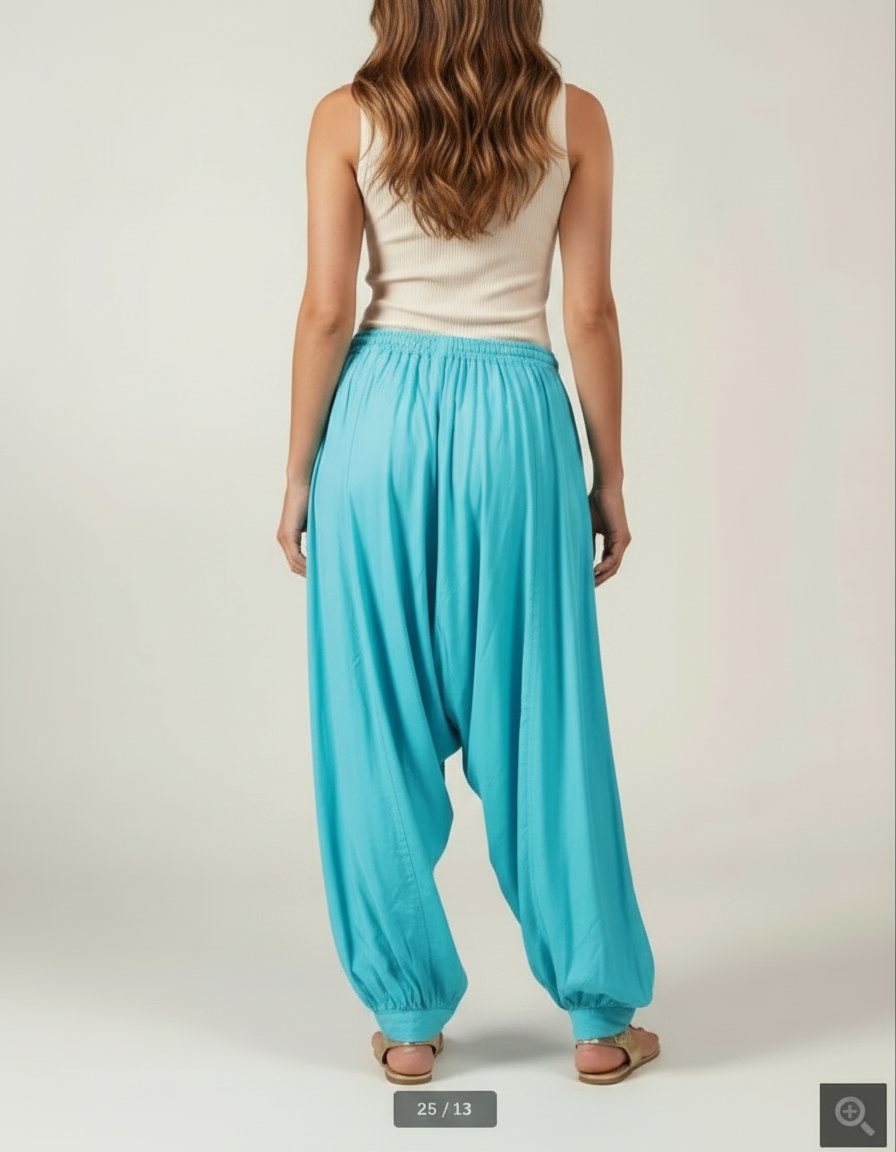 Pantalon Fluide Turquoise Ample Plissé Décontracté Femme - Bleu Viscose - vue 2