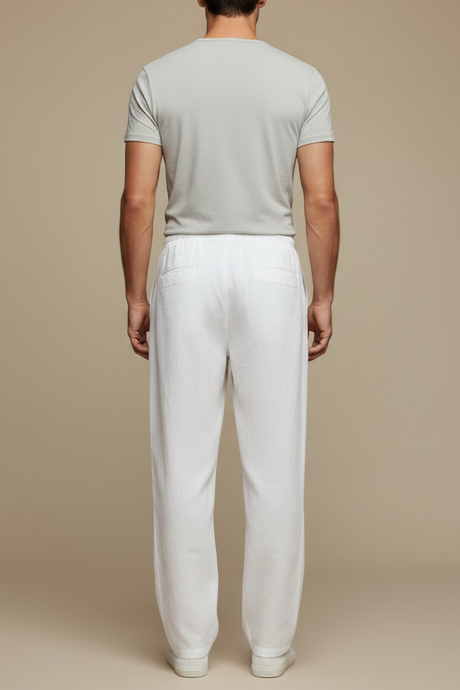 Pantalon Fluide Blanc Lin Ample Cordon Décontracté Homme - vue 2