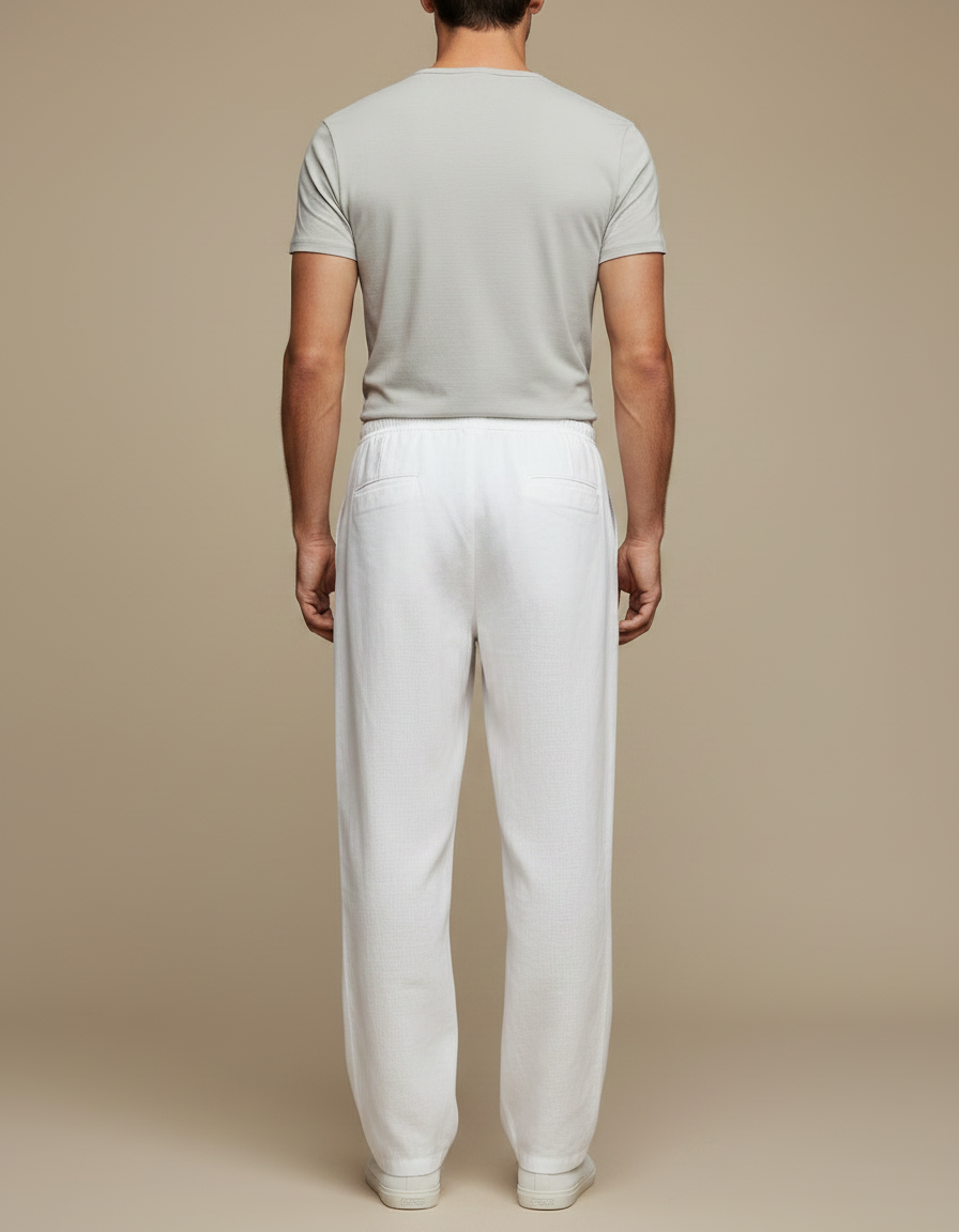 Pantalon Fluide Blanc Lin Ample Cordon Décontracté Homme - vue 2