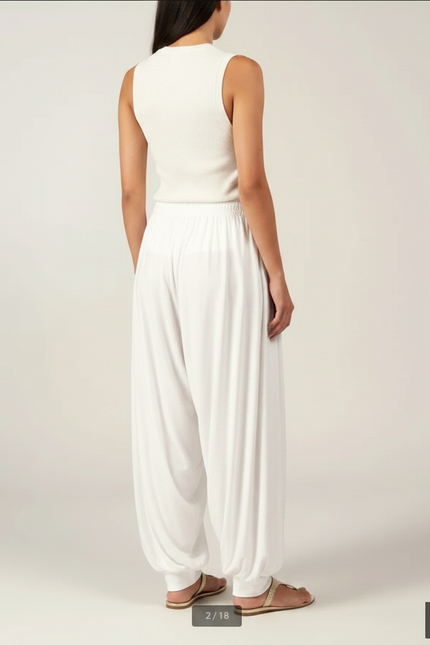 Pantalon Fluide Blanc Ample Sarouel Décontracté - Maille - vue 2